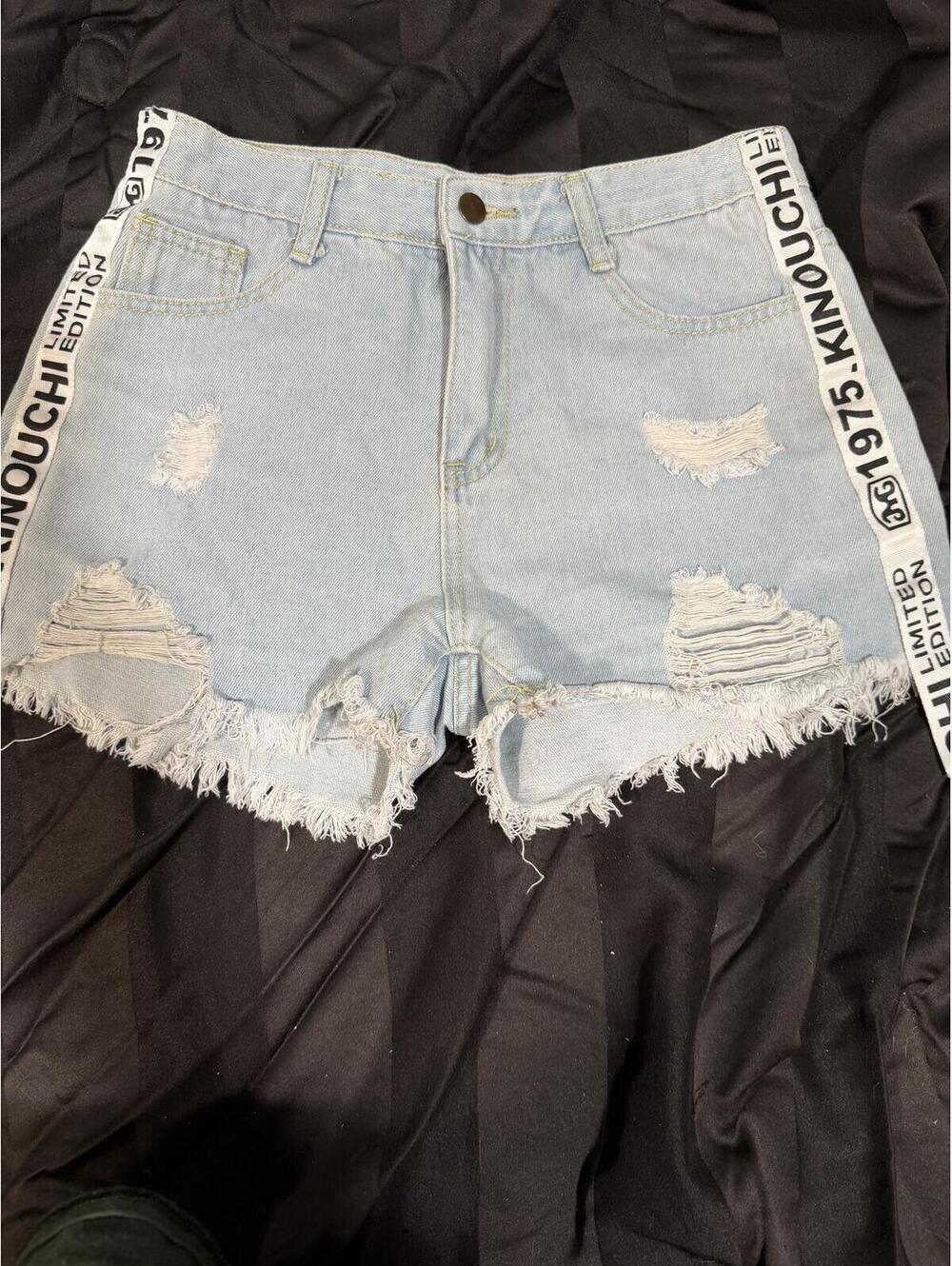 Light Blue Distressed Denim‎ Shorts with Side Tape